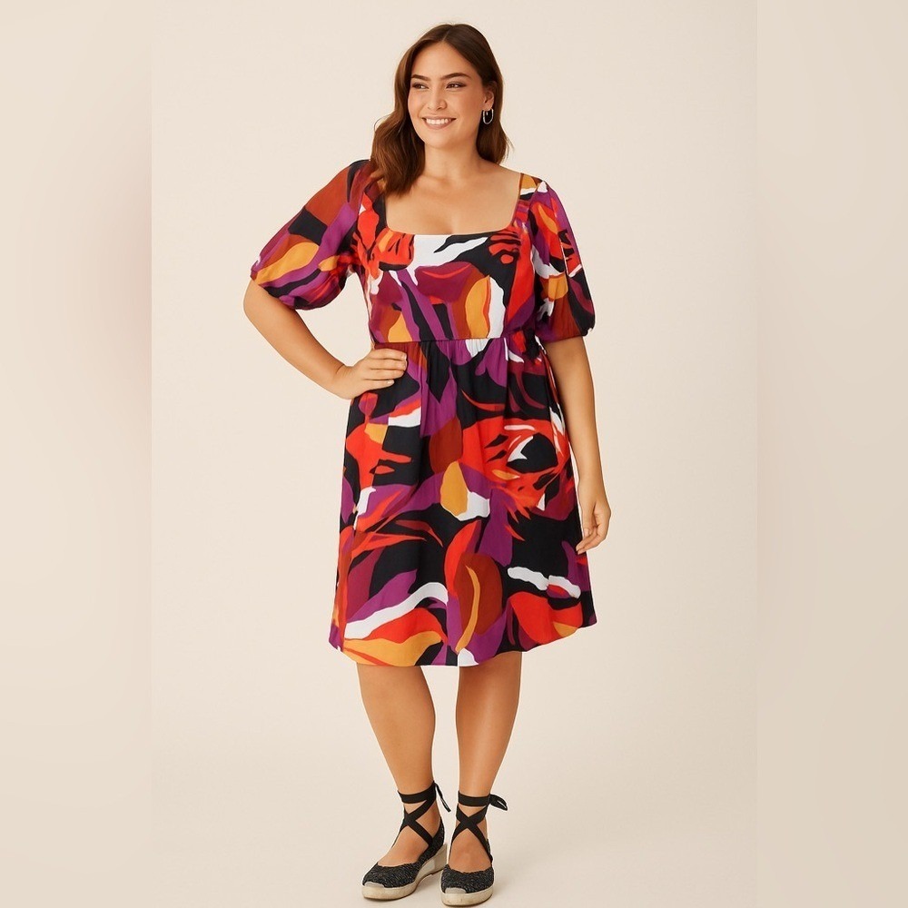 Mlle Gabrielle Abstract‎ Puff Sleeve Dress Square Neck XL